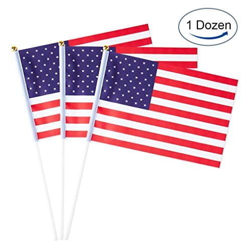 USA Flag American Small Stick Mini Hand Held Flags Decorations 1 Dozen (12 Pack)