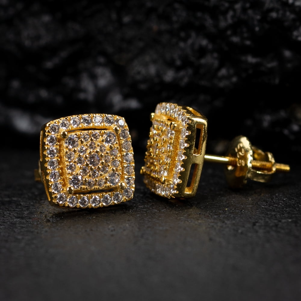 Yellow Gold 925 Sterling Silver Hip Hop 3D Cube Square Cluster Stud Earrings