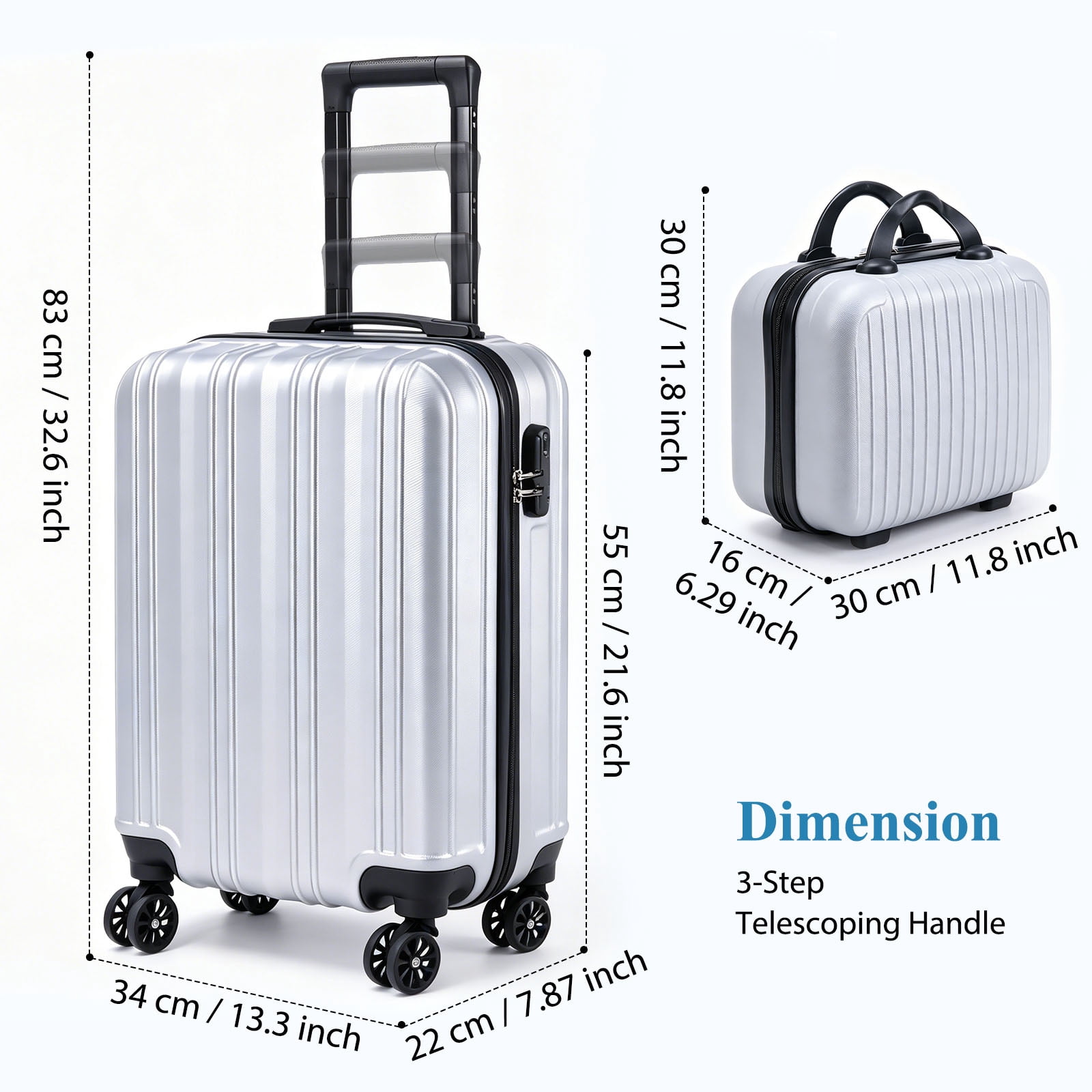 20" Carry On Luggage and 14" Mini Cosmetic Cases Travel Set Lightweight Polypropylene Suitcase with Lock YKK Zipper Hardside Luggage with Spinner Wheels (2 Piece Set, Grey)