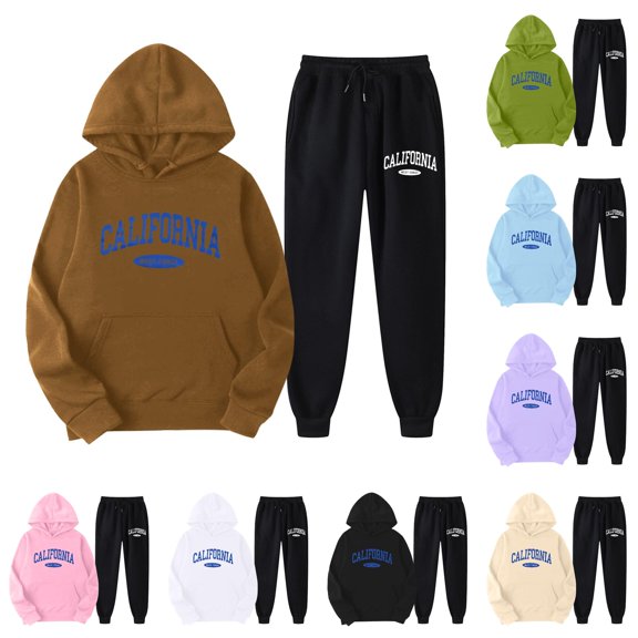 Yuhangmm Women Sweatshirt Two Piece Pants Set with Cute Print Long Sleeve Hooded Sweatshirt for Matching Style and Comfort Brown M
