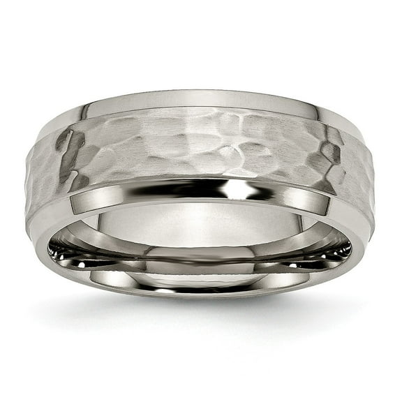 Grey Titanium Ring Band Wedding Beveled Comfort 8mm Edge, Hammered and Polished
