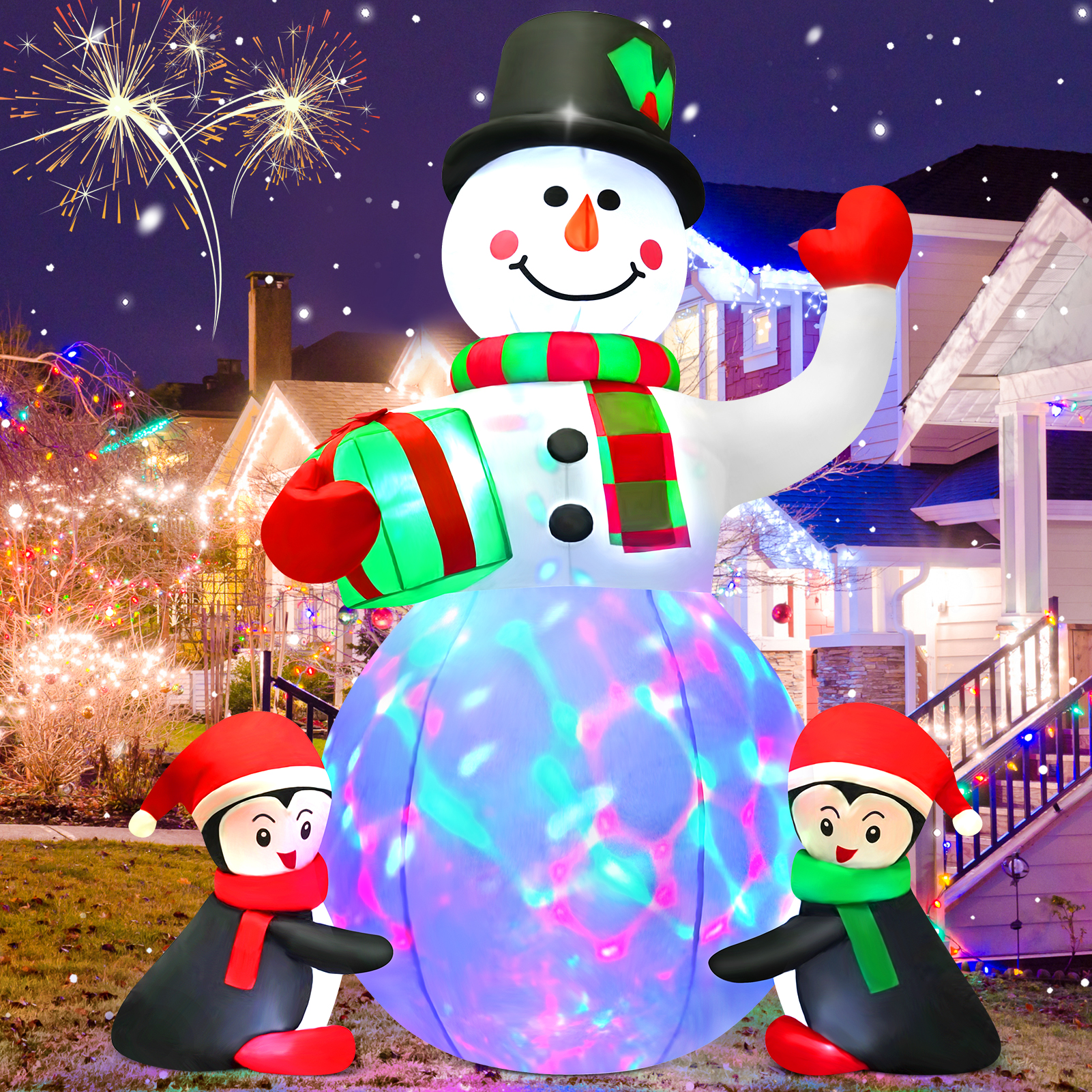 Yexmas 6.3-Foot Inflatable Snowman with Penguins & Rotating Lights