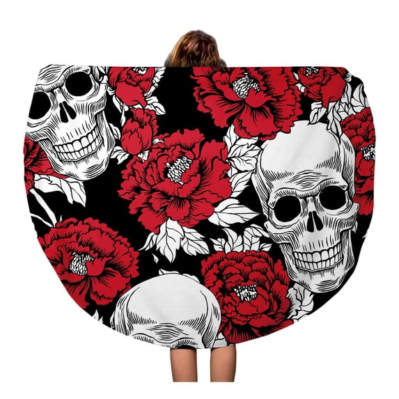 SIDONKU 60 inch Round Beach Towel Blanket Colorful Skull Flowers Peony Gold Tattoo Rock and Roll Travel Circle Circular Towels Mat Tapestry Beach Throw