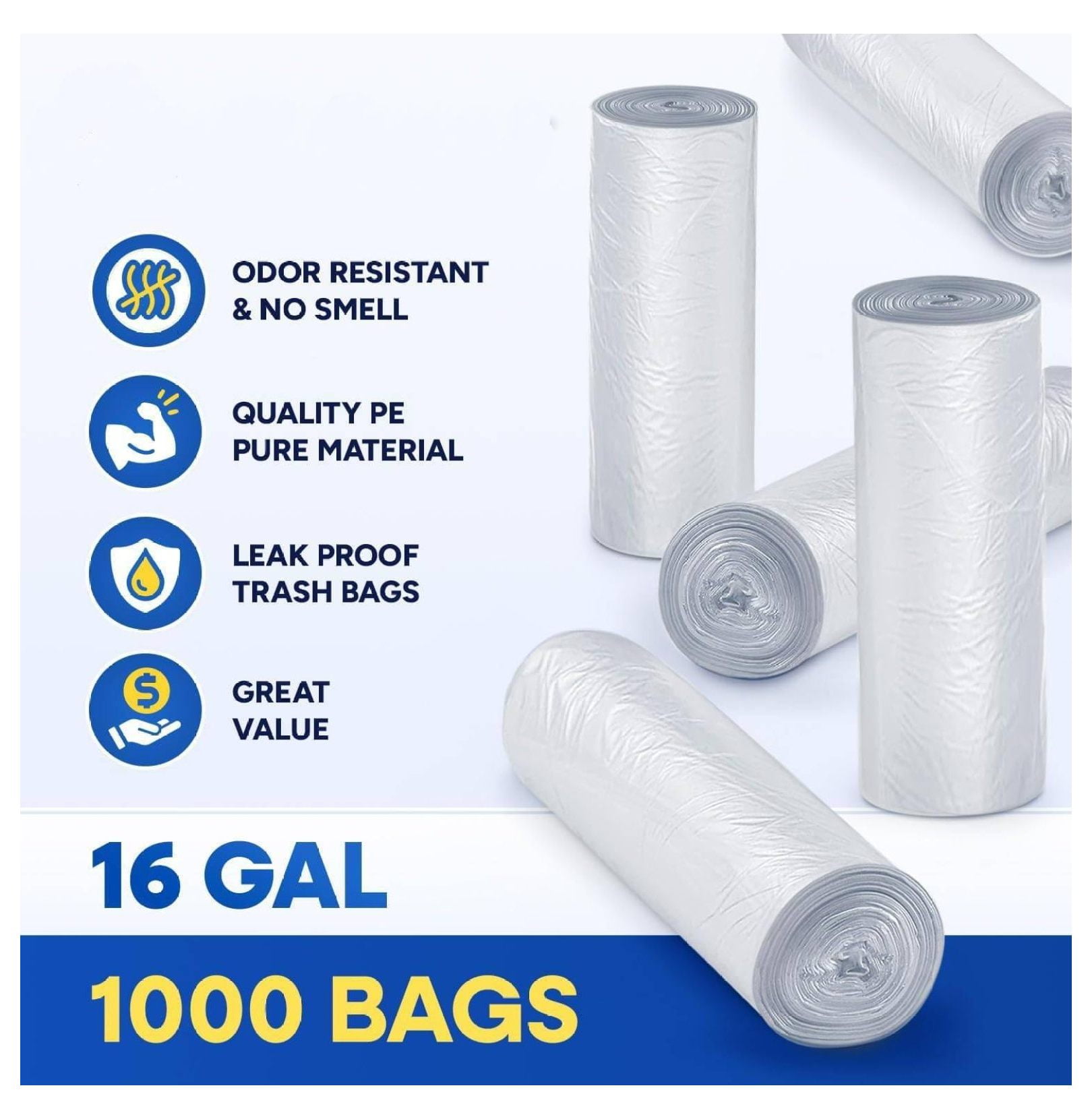 12-16 Gallon Clear Trash Bags, 24" x 31" High-Density Garbage Can Liners, 6 Micron, Unscented, Bulk Pack of 1000, for Indoor/Outdoor Use