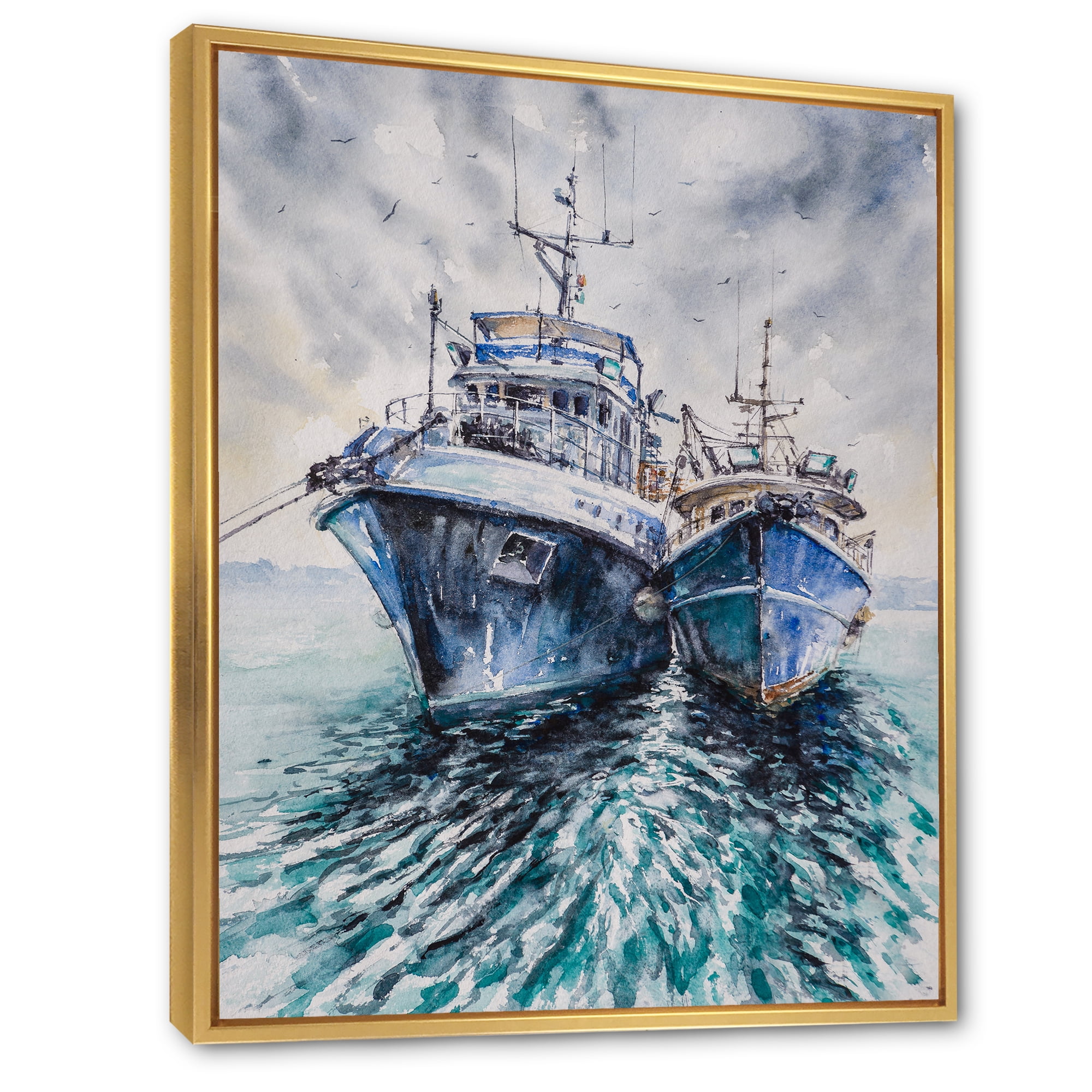 Designart 'Blue Fishing Boats Before A Storm Anchored' Nautical & Coastal Framed Canvas Wall Art Print