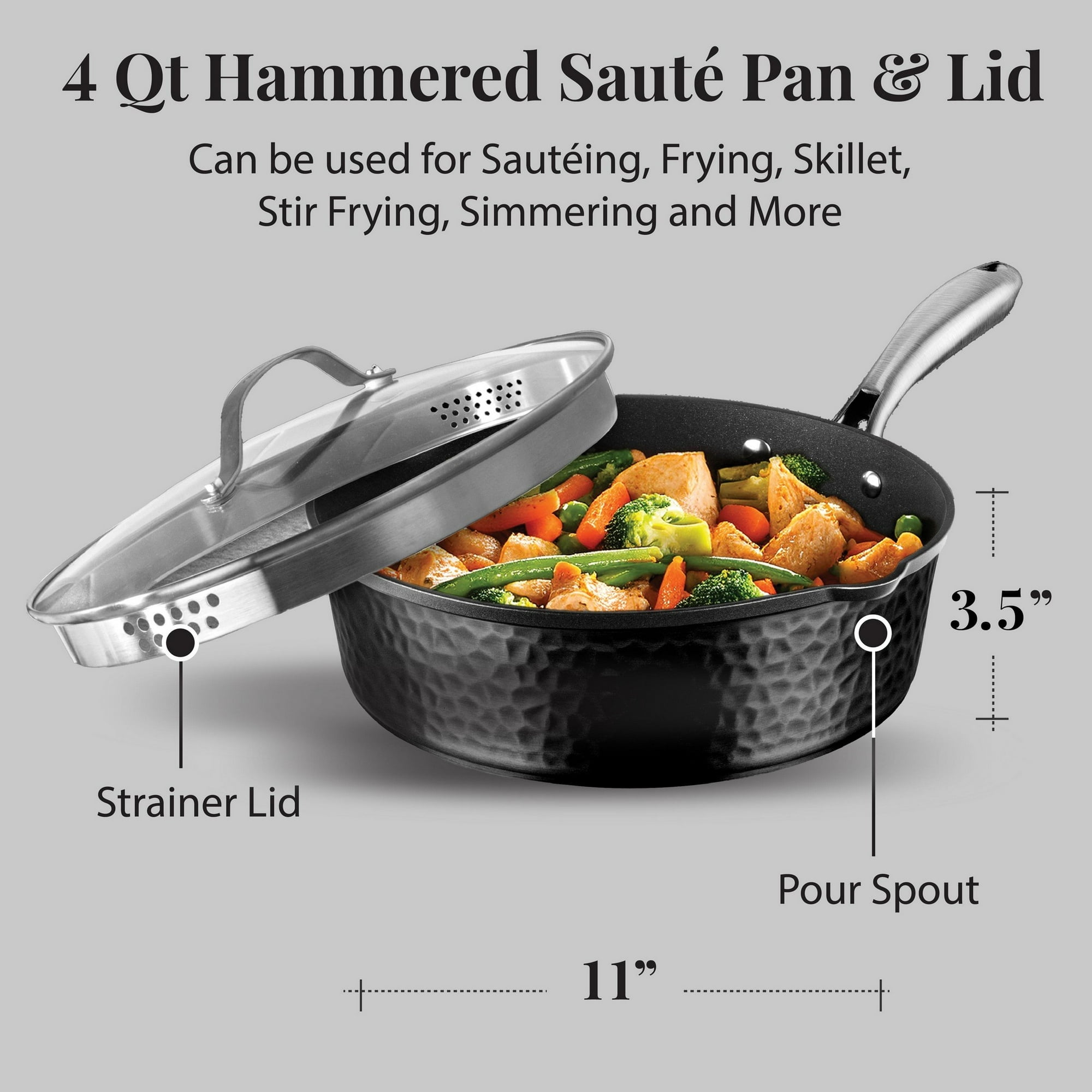 Gotham Steel Hammered 11 Inch Non Stick Frying Pans with Lid, 4 Qt Saute Pan, Large Frying Pans Nonstick with Lid, Ceramic Frying Pan Nonstick, Induction Pan, Oven/Dishwasher Safe – Black
