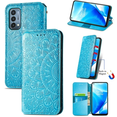 Allytech Compatible for OnePlus Nord N200 5G 2021, Flip Embossed Mandala PU Leather Wallet Case with Card Slots Holder & Wrist Strap Magetic Stand Cover for One Plus Nord N 200 5G(6.49"), Blue