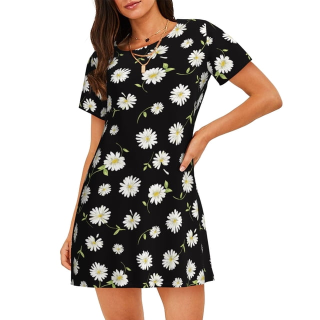 Vsdgher Motif de Marguerites Chemise de Nuit à Manches Courtes pour Femmes Col Rond Mignonne Robe de Nuit Confortable