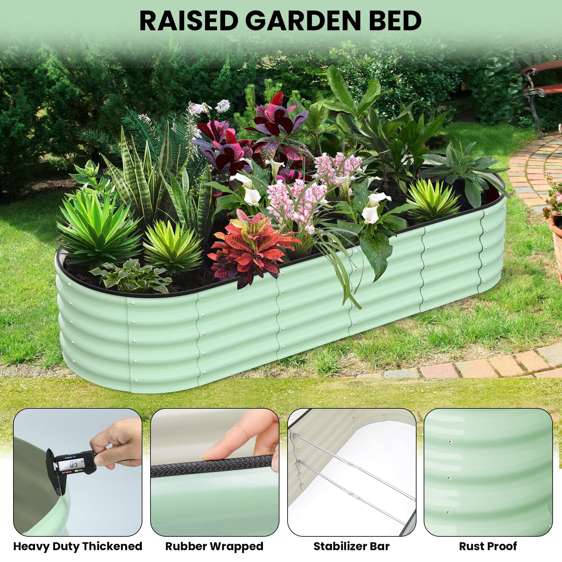 Heavy Duty Metal Raised Garden Bed – 8x2x1FT Oval Planter Box for Outdoor Vegetable, Flower, Herb Gardening, for Garden & Backyard & Patio, Olive Green