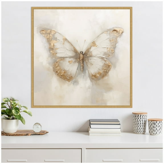 Kate and Laurel Butterfly Neutral 2 Framed Canvas Wall Art by The Creative Bunch Studio 30 x 30 Sylvie Bright Gold, Modern, Abstract, Animals Art for Wall Decor, Living Room, Bedroom
