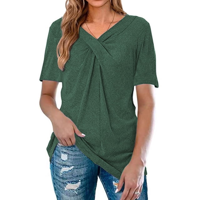 Qarigey Camiseta de mujer con cuello en V, camiseta de manga corta sólida, blusa de color en V, camiseta Prendas para la parte del cuerpo Verde oscuro S