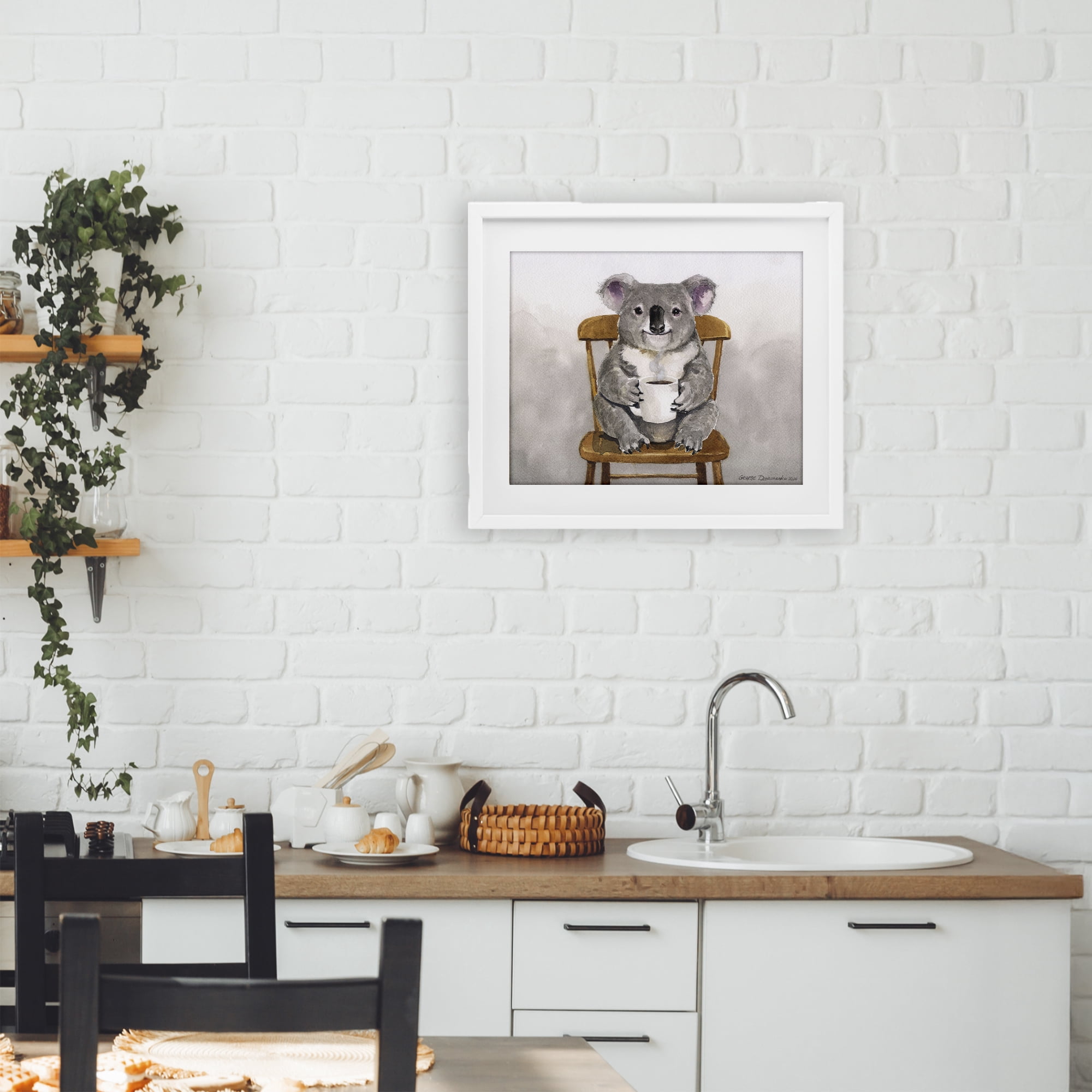 Stupell Industries Koala with Coffee Mug White Framed Print Under Glass, design by George Dyachenko