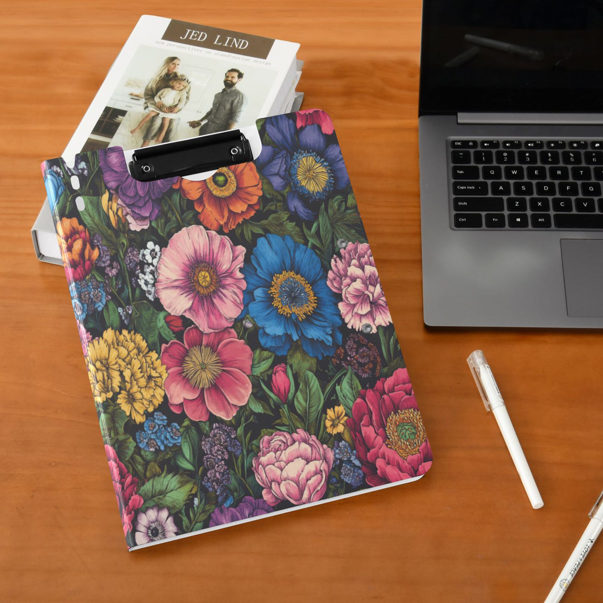 FORMRS A4 Clipboard Folder with Pen Holder Horizontal Foldable School Office Binder, Vibrant Blooming Flowers