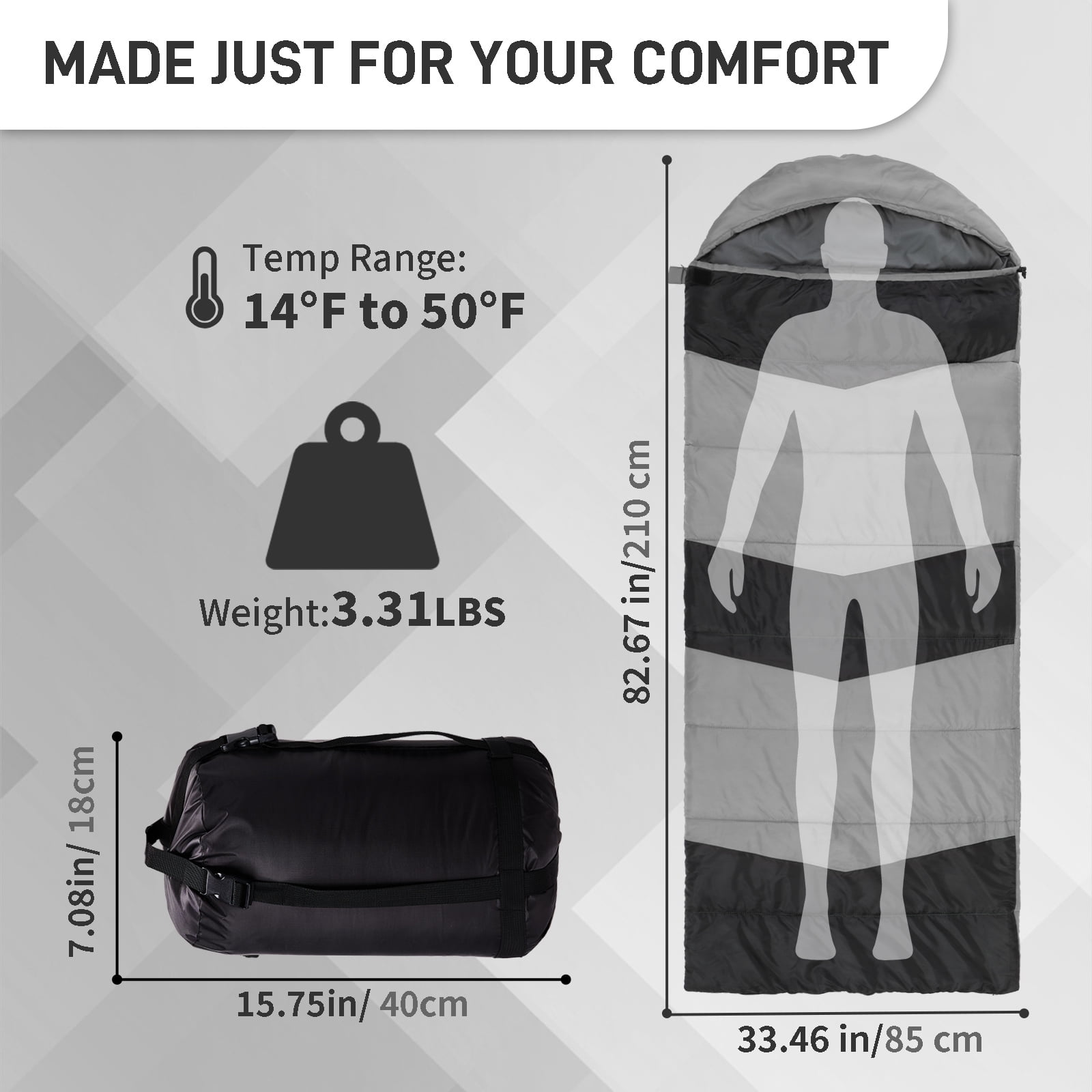 Ktaxon Heated Sleeping Bag,  Rectangular Lightweight Sleeping Bag with USB Powered Heating Pads for 14-50 °F, Compact Envelope Sleeping Bag for Camping Picnic Hiking, Gray