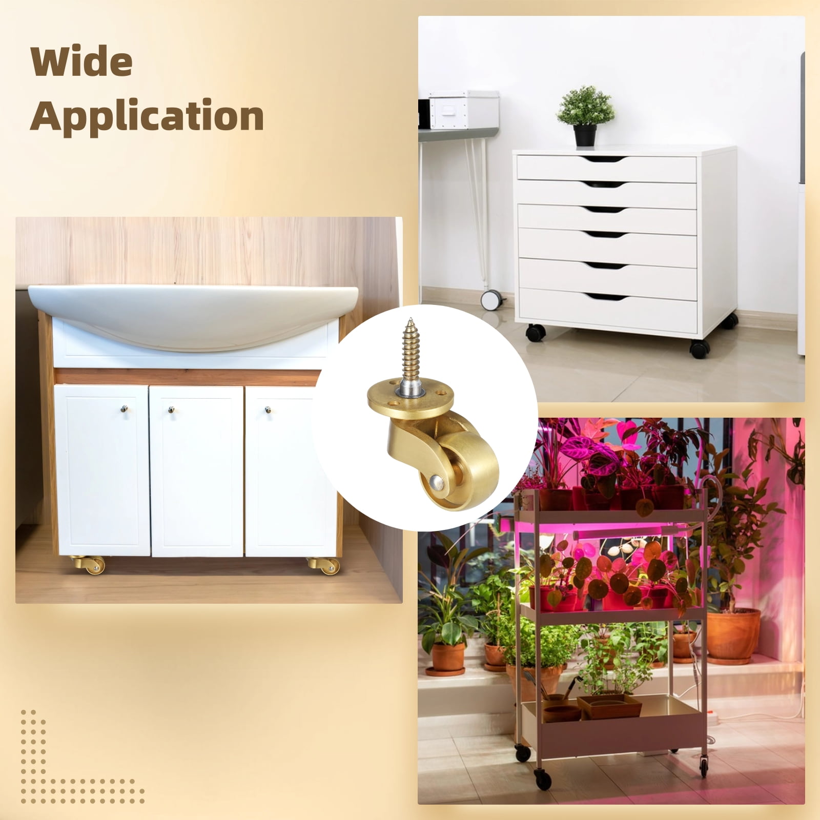 4 PCS Brass Universal Casters, Self-Tapping Stem Swivel Casters, Heavy Duty Metal Rolling Wheels 220 Lbs Load Bearing, 360 Degrees Rotation Movable Wheels for End Table Cabinet Chair Furniture