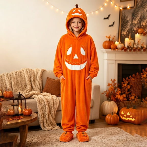 Kids Halloween Pumpkin Jumpsuit Warm Long Sleeve Hooded Loungewear Outfit Fuzzy Fleece Comfy Jumpsuit with Pockets Orange 4-5 Years