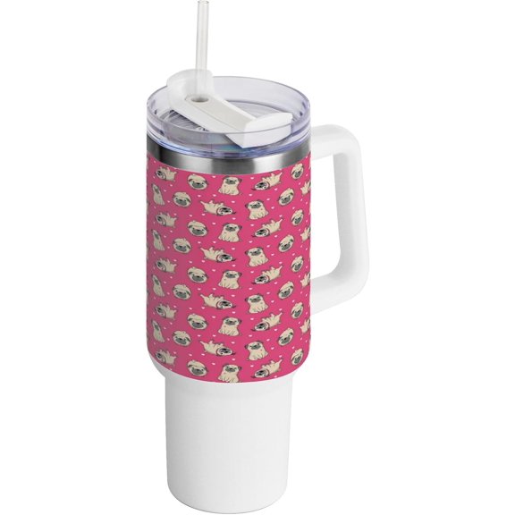 SKYSONIC 40 oz Cartoon Pug Dog Tumbler with Handle and Straw Lid, Insulated Cup Reusable Stainless Steel Water Bottle Travel Mug