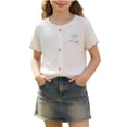 thumbnail image 2 of Auroural Girls' Summer Dress Round Neck Short Sleeved T-Shirt Baby Bow Embroidery Color Blocked Top Girls Clothes 7-8 Shirts, 2 of 6