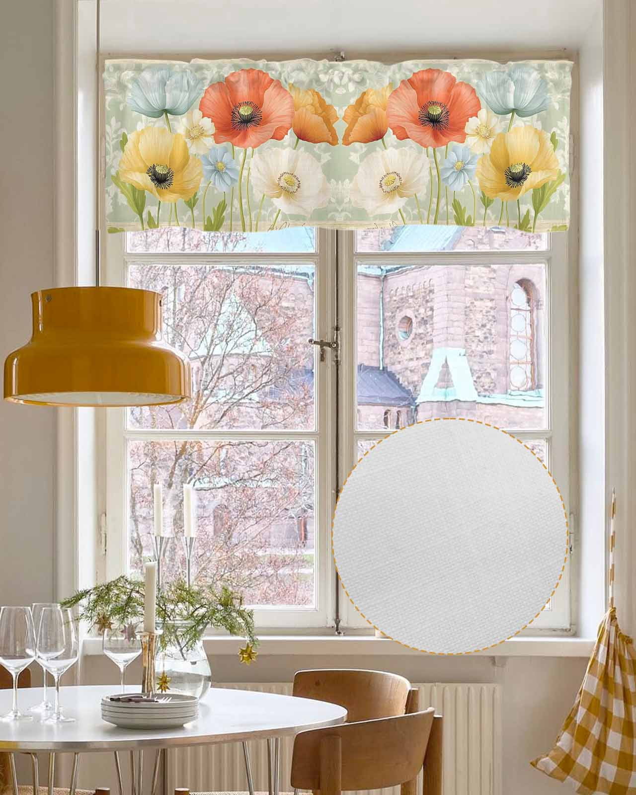 Vintage Spring Floral Kitchen Valances for Windows Farmhouse Linen Window Valance Curtain for Living Room Window Treatment Watercolor Pastoral Summer Botanical Valance Rod Pocket Topper, 54 x 18 Inch