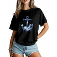 thumbnail image 3 of Women's T-Shirt Nautical Waves Anchor Short Sleeve Casual Tee Classic Crew Neck T Shirt for Women Black, 3XL, 3 of 7