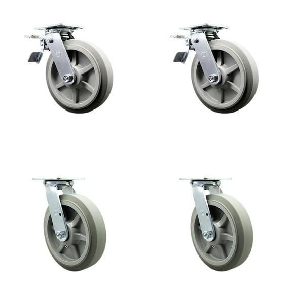 8 Inch Thermoplastic Rubber Caster Set with Ball Bearing 2 Total Lock Brake SCC