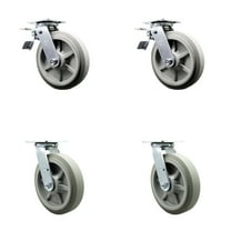 8 Inch Thermoplastic Rubber Caster Set with Ball Bearing 2 Total Lock Brake SCC
