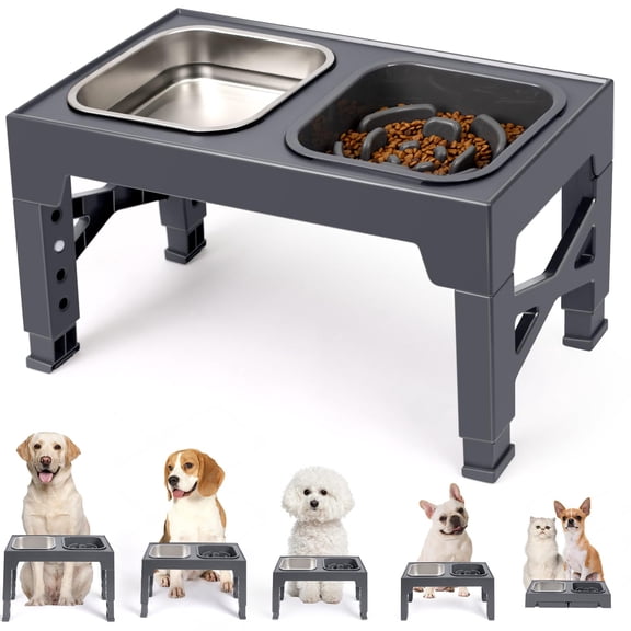 Niubya Elevated Dog Bowls, with Slow Feeder Bowl and Stainless Steel Dog Food Bowl, Raised Dog Bowls Adjusts to 5 Heights (3.15", 8.66", 9.84",11.02", 12.2") for Small Medium and Large Dogs