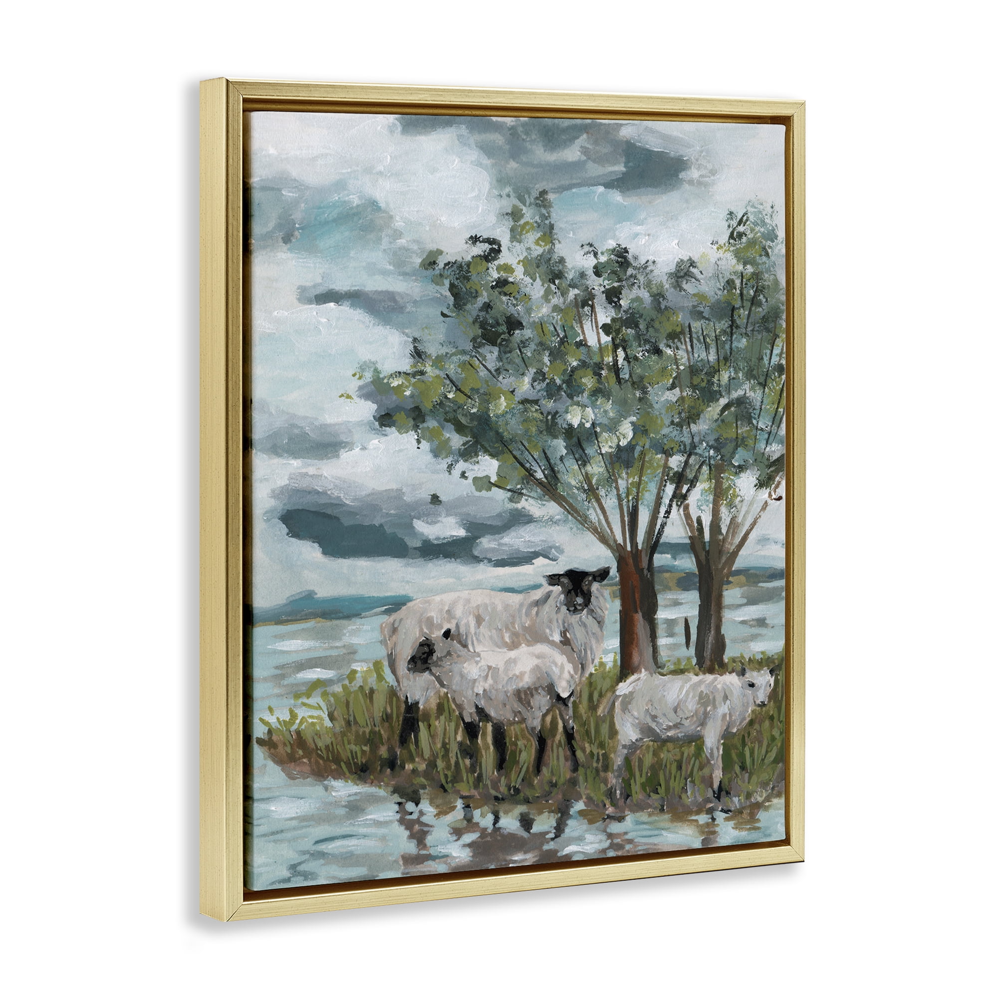 Stupell Industries Traditional Sheep Scene Landscape Painting Gold Floater Framed Canvas Art Print Wall Art, 25 x 31