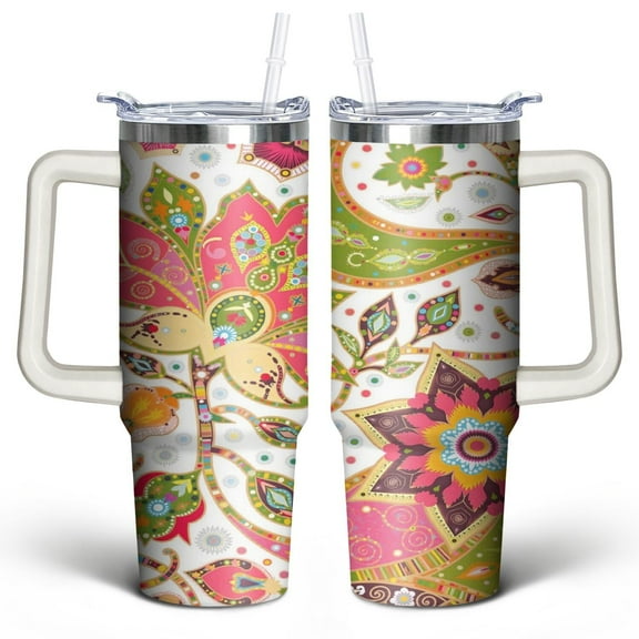 Paisley Design30 Oz Tumbler with Handle Lid and Straw, Stainless Steel Double Walled Vacuum Insulated Cup, Cute Anniversary Wedding Birthday Gifts Tumbler for Women Men Friends Outdoor Indoor