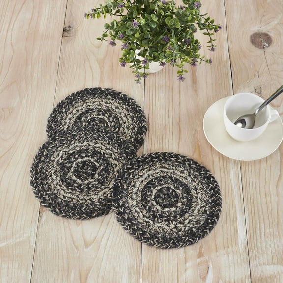 VHC Brands Sawyer Mill Black White Jute Trivet 8 inch Diameter Set of 3