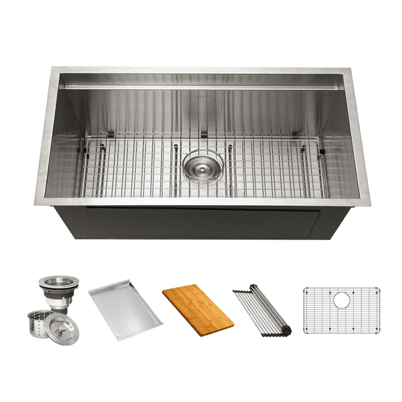 KBFmore 32 inch Single Bowl Undermount Workstation Kitchen Sink with 6 Piece Sink Accessories