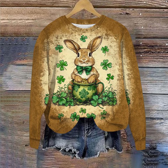 YueHuiYing Fashion Women‘s Casual Long Sleeve St. Patrick's Day Print Round Neck Loose Blouse Relaxed-Fit Sweatshirts Top