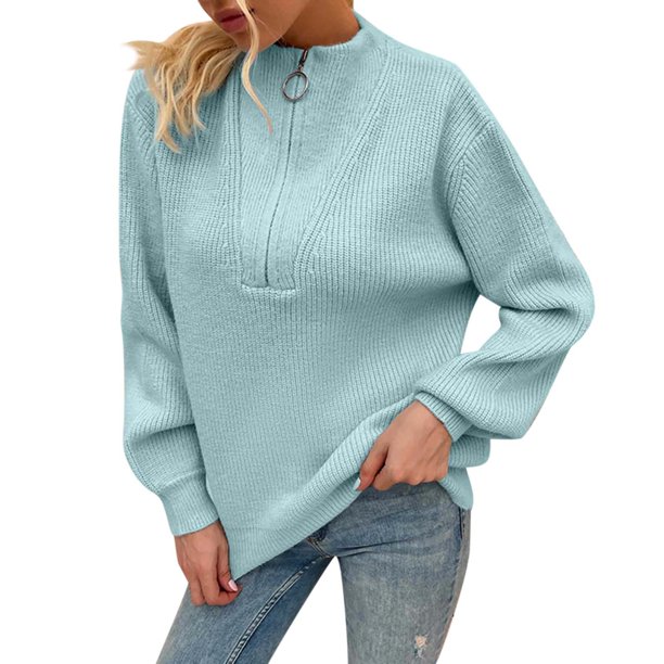 Gibobby Suéter casual mujer, Suéter de punto de manga larga con cuello en V para mujer(Azul,M)