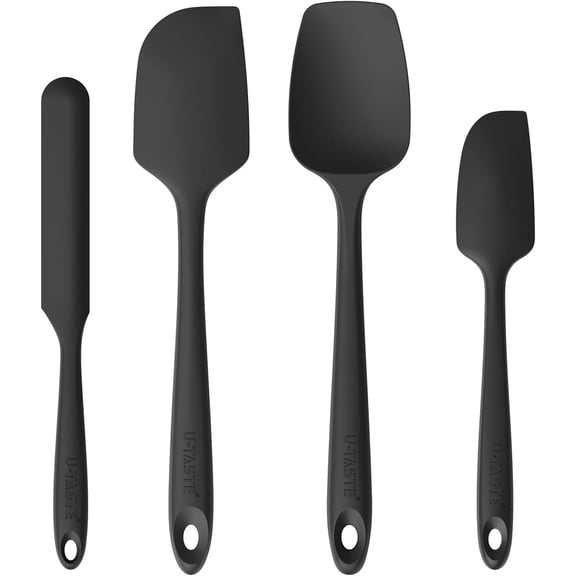 U-Taste 480°F High Heat Resistant Silicone Spatula Set of 4, BPA-Free Food Grade Kitchen Cooking Baking Mixing One Piece Seamless Flexible Rubber Scraper for Nonstick Cookware (Black)