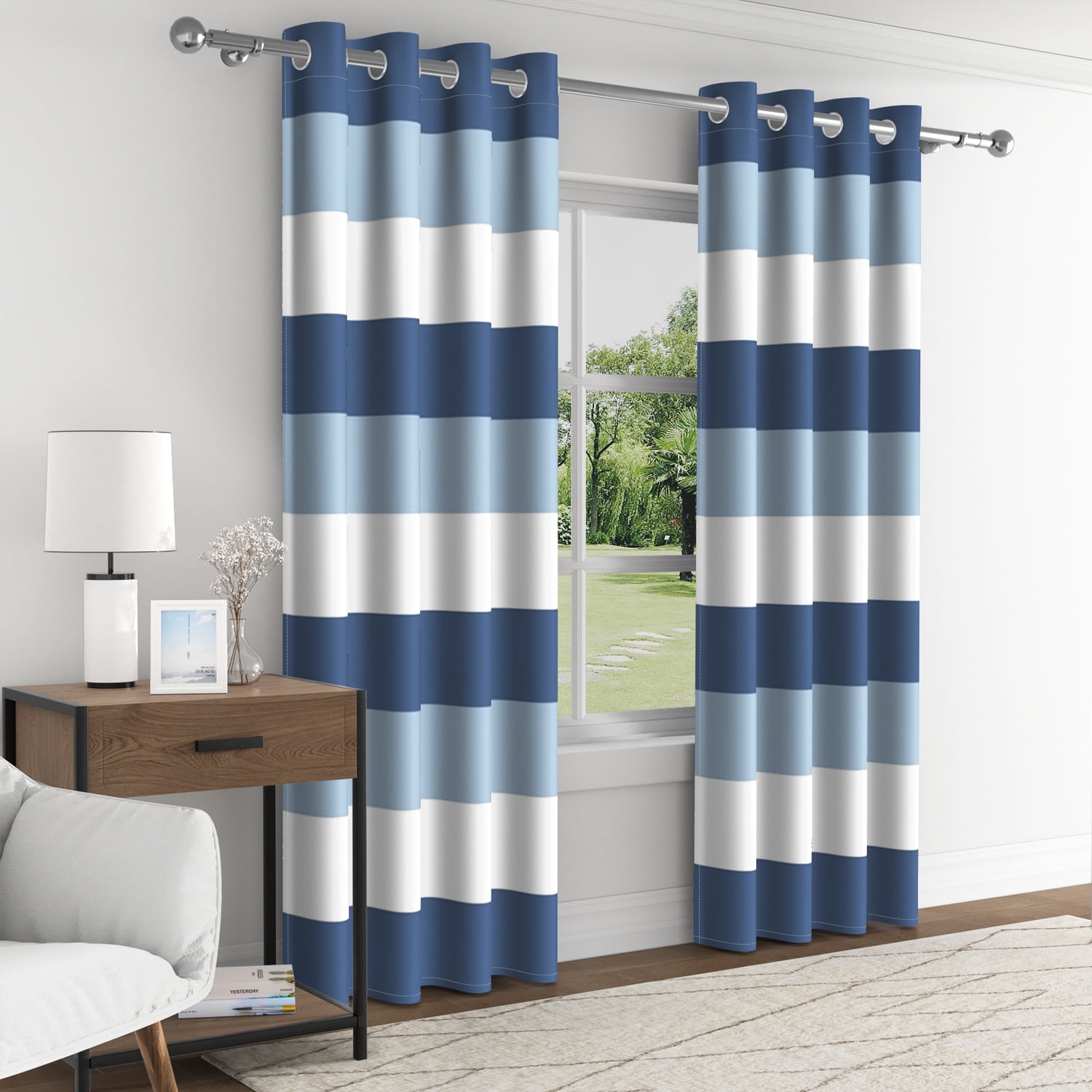 Aofoto Linen Stripe Blackout Curtains Thermal Insulated Window Drapes for Living Room/Bedroom, 2 Panels,Blue,42x63 inches