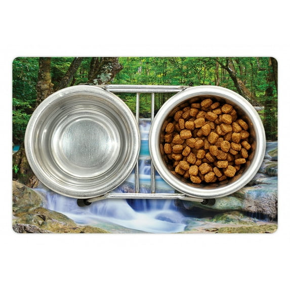Waterfall Pet Mat for Food and Water, Fairy Image of Waterfall by the Rocks in Forest Secret Paradise, Non-Slip Rubber Mat for Dogs and Cats, 18" X 12", by Ambesonne
