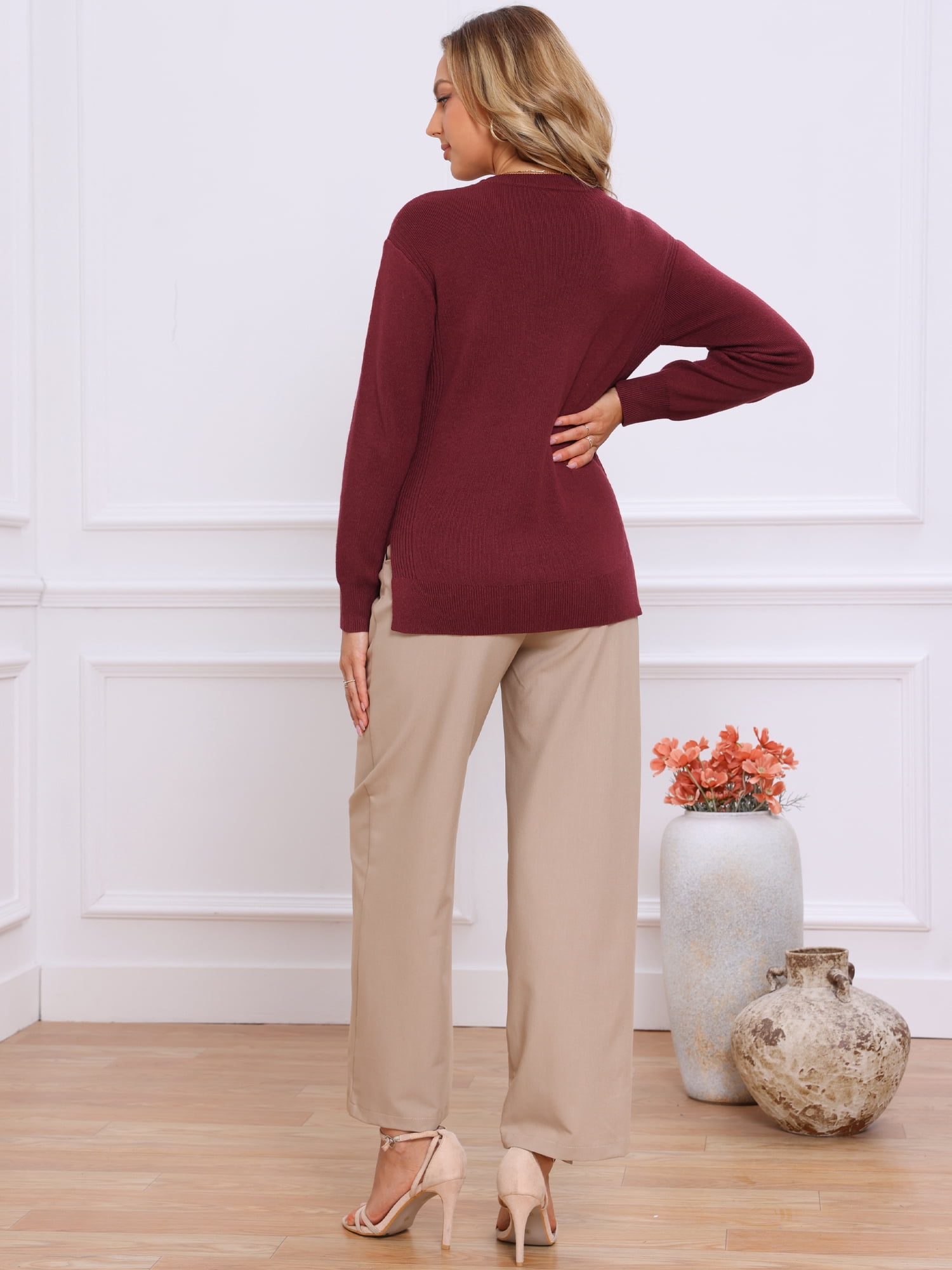 DARING DIVA Women's Pullover Long Sleeve Crew Neck Knit Sweater Tops XS Wine Red