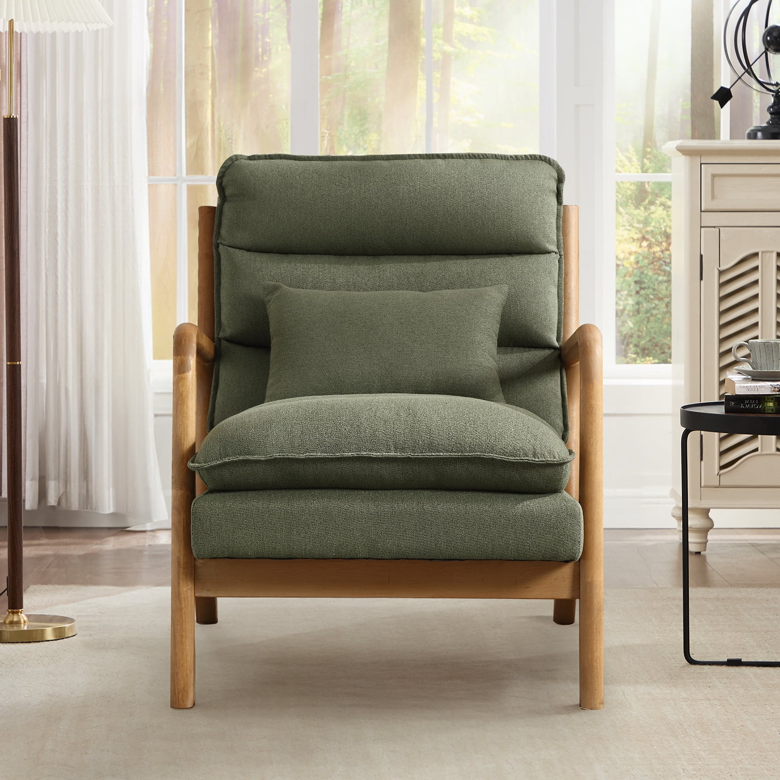Ebello Mid Century Modern Accent Chair, Double-Padded Reading Armchair with Wood Frame & Lumbar Cushion for Living Room, Bedroom & Office, Green