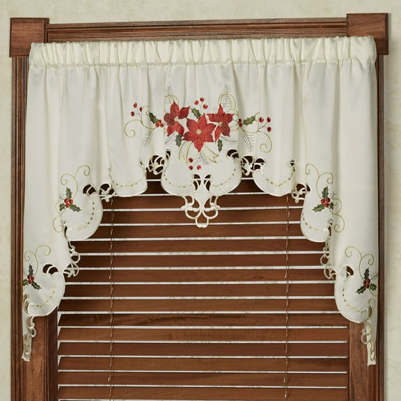 Poinsettia Palace Embroidered Light Cream Contour Swag Valance 72 x 38 Inches