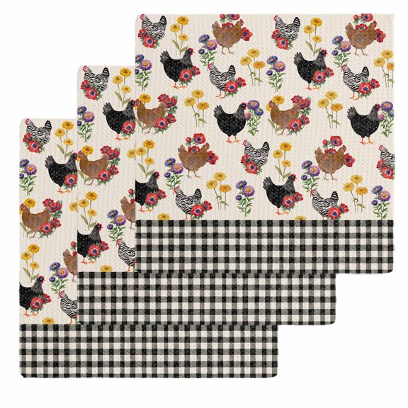 Farmhouse Rooster Kitchen Dish Towels for Drying Dishes Set of 3, Vintage Watercolor Flowers Black Plaid Waffle Weave Microfiber Hand Tea Bathroom Towels Quick Dry & Absorbent Towel 12x12