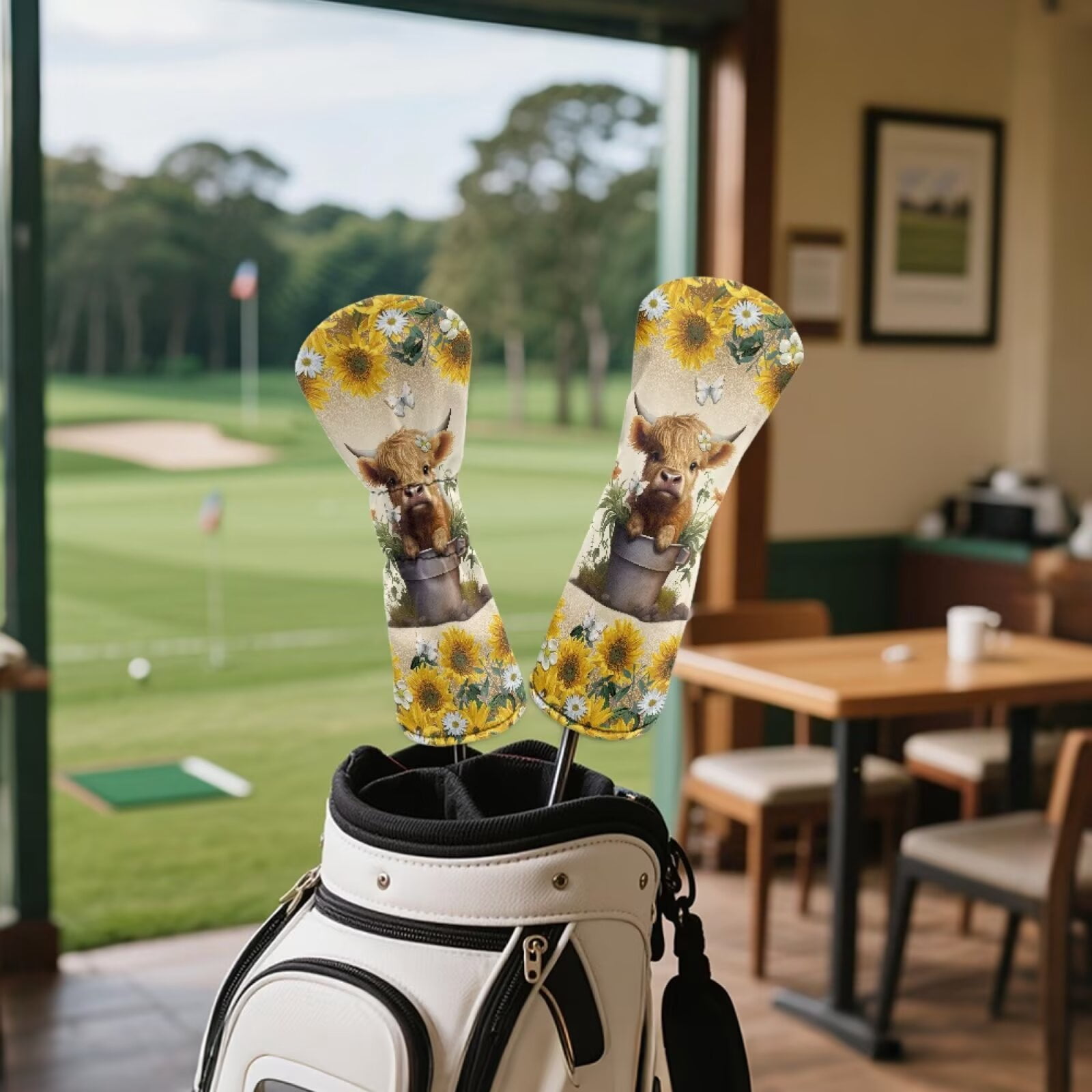 Uorisanigo Golf Club Head Covers - 3pcs Accessories Baby Highland Cow Sunflower Golf Club Headcovers Set for Fairway Woods Driver Hybrids- Waterproof and Durable PU Leather