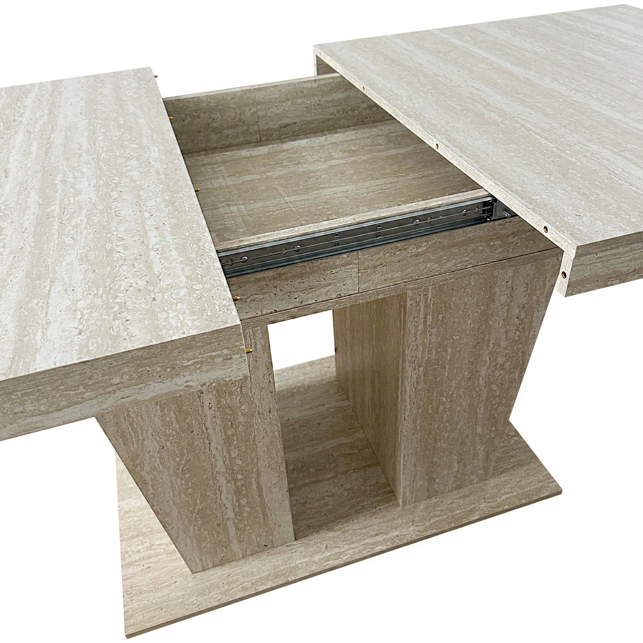 Noble House Brivaro 78.74" Extendable Dining Table, Large Wooden Dual Column Pedestal Table for 6-10, Beige