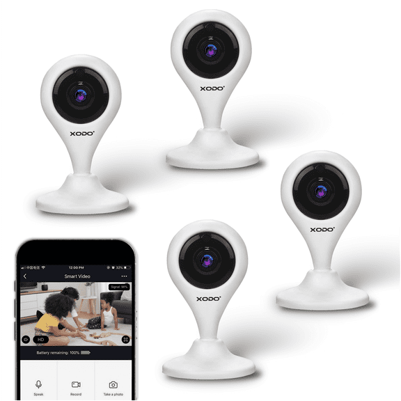 XODO E4 Wireless Security Camera, Indoor Baby Monitor and Wi-Fi Camera System with Night Vision and Two-Way Audio, 4-Pack