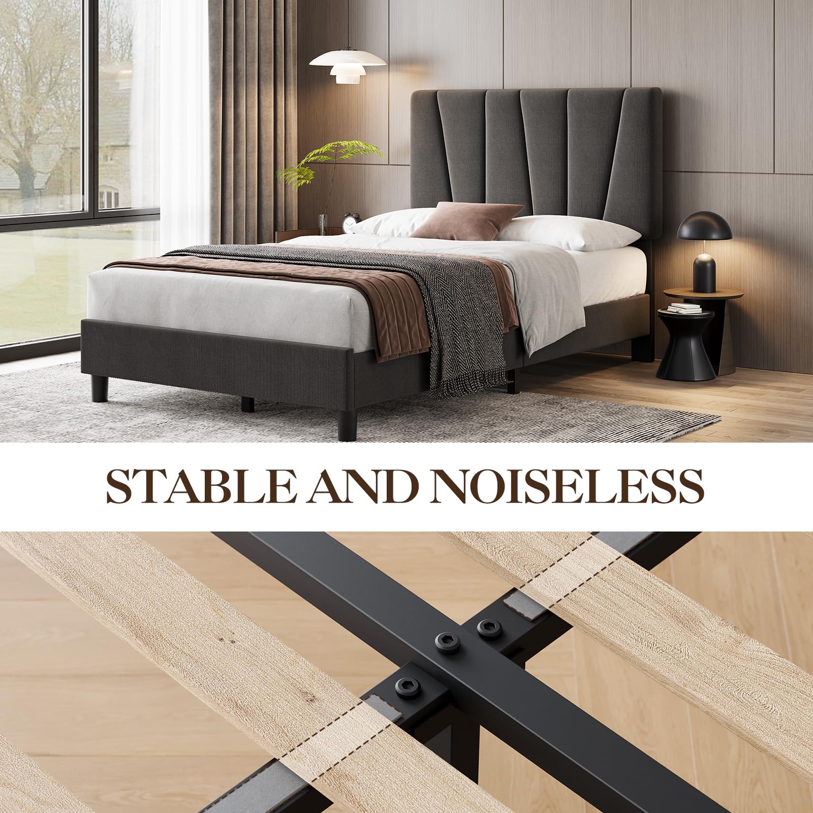 Queen Size Upholstered Platform Bed Frame with Soft Padded Diagonal Headboard,Noise-Free Wooden Slat Bed Frame