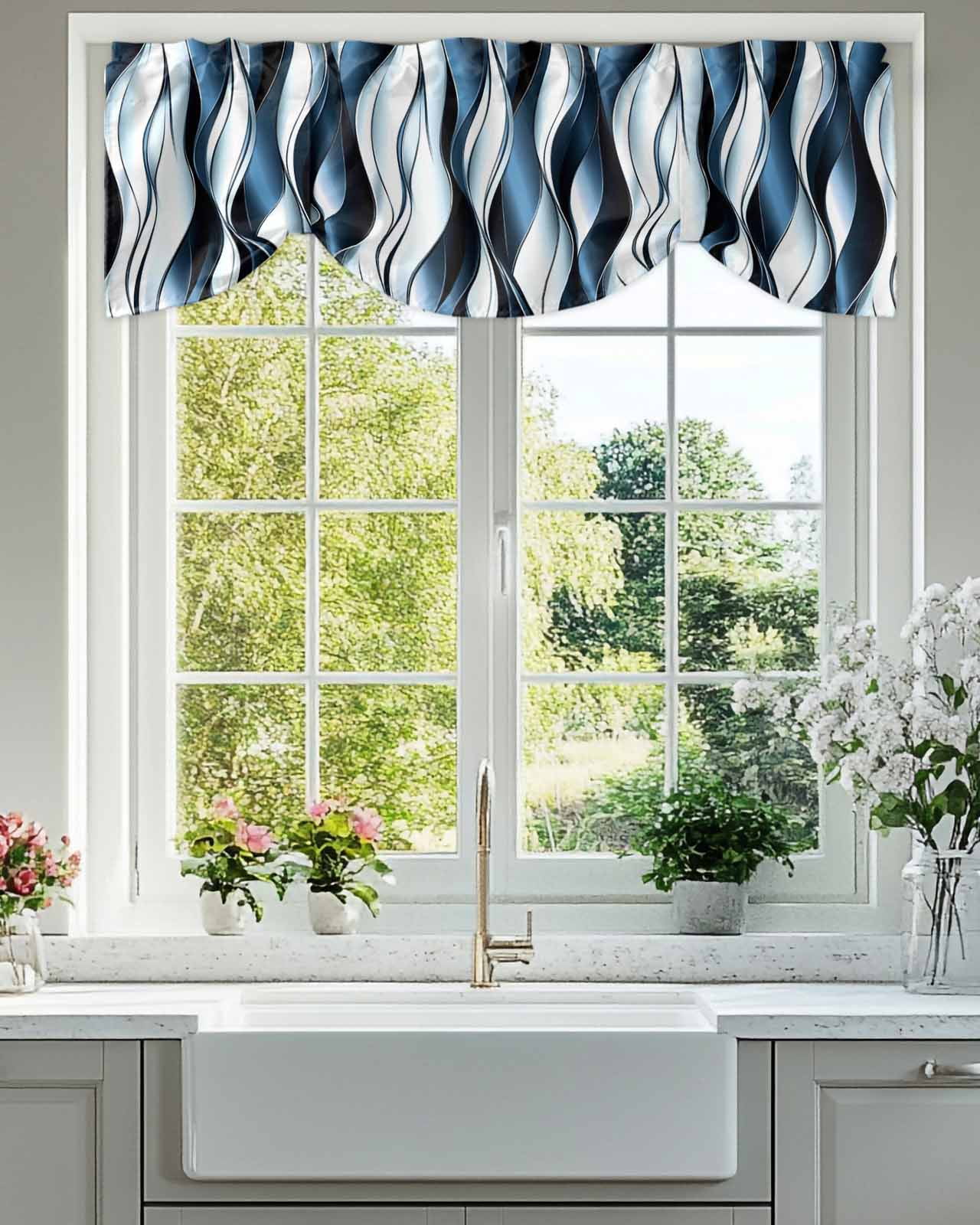 Steel Blue Gradient Line Tie Up Valances Curtain, Adjustable Kitchen Abstract Twist Valances for Windows Decor, Rod Pocket Short Curtains Set for Bedroom/Bathroom, 60"x18"
