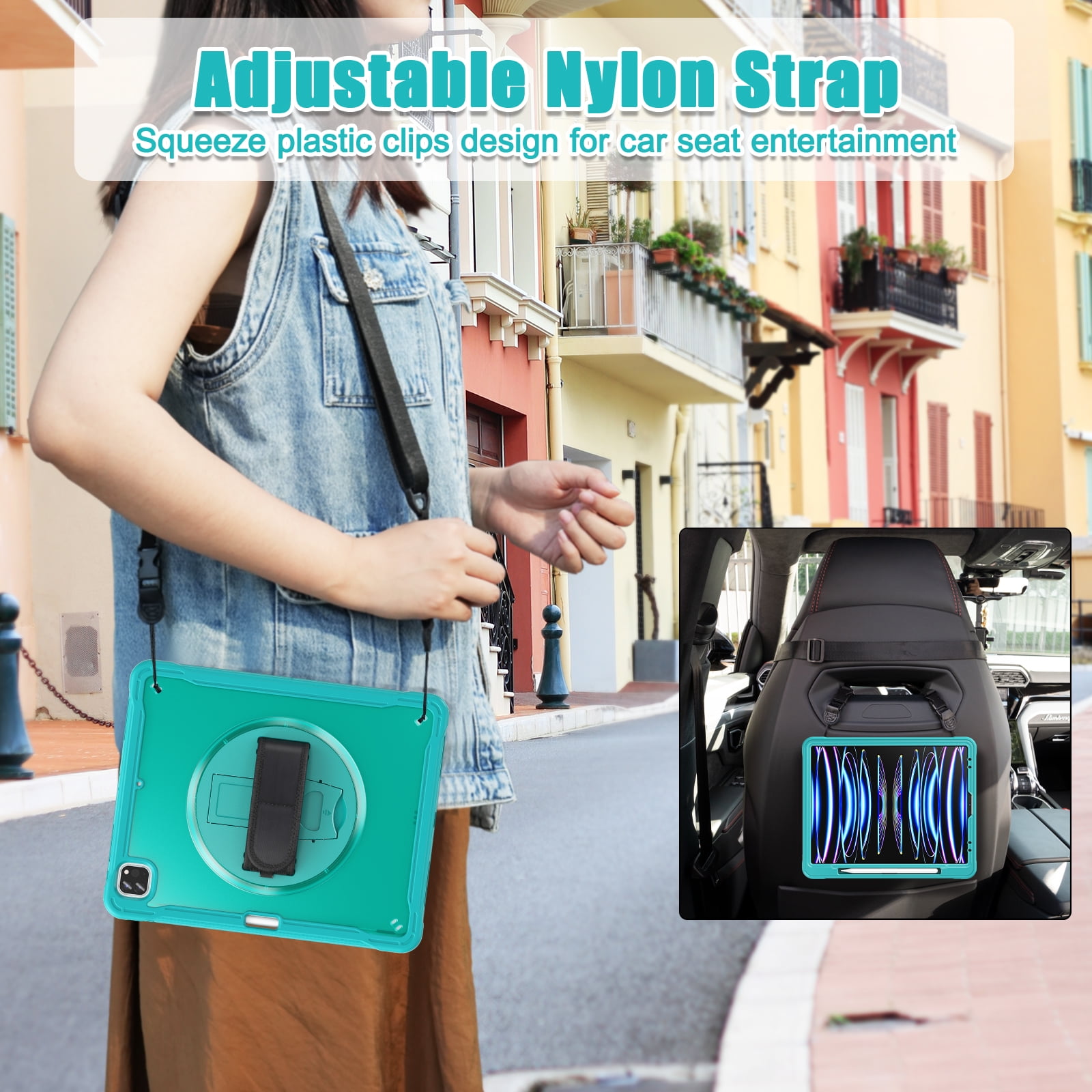 Allytech Rugged Case for Apple iPad Pro 12.9 2022/22021/2020/2018 6th/5th/4th/3rd Gen Kicktand Translucent Back Cover Shockproof Adjustable Shoulder Strap Kids Friendly with Pencil Holder-Blue