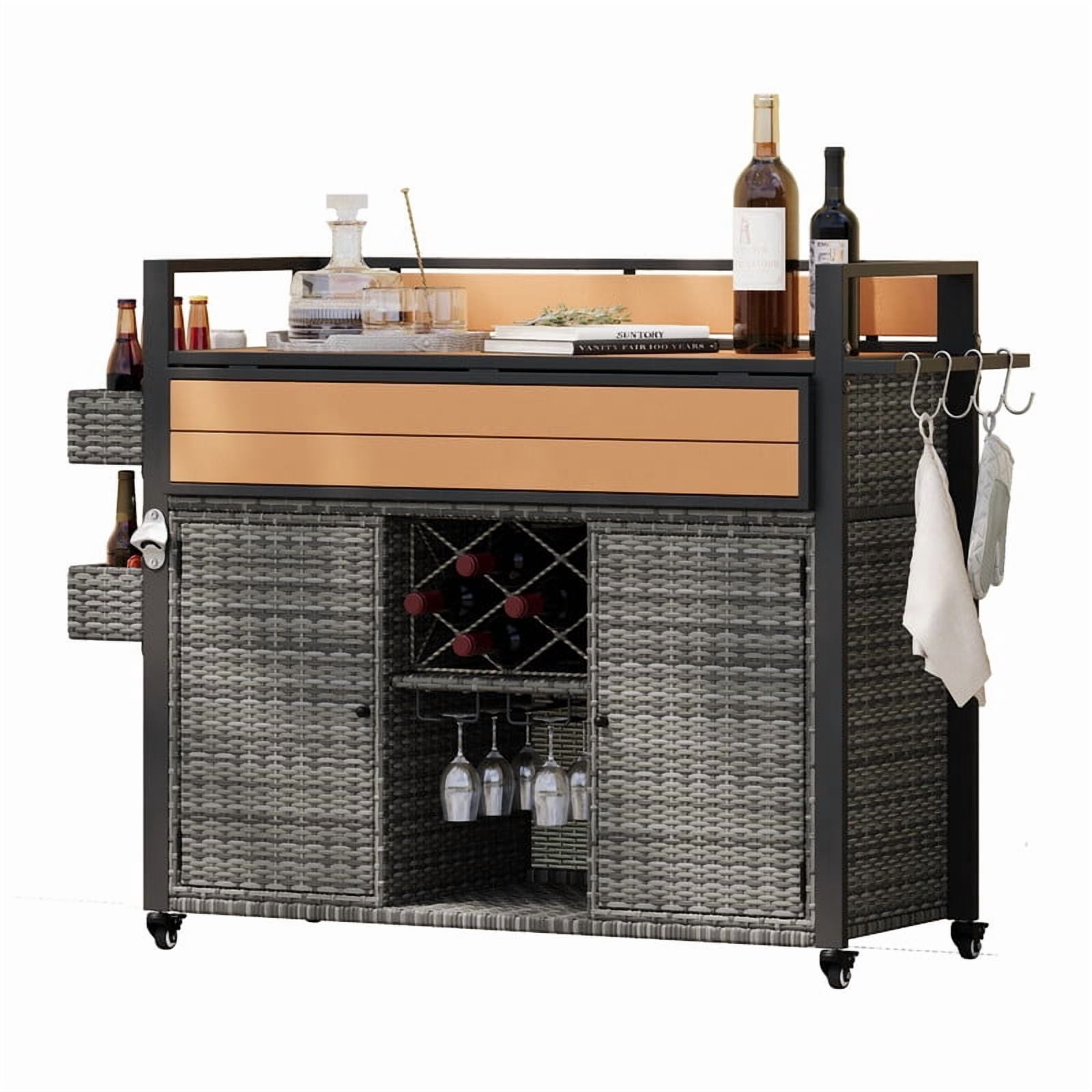 Outdoor Kitchen Island with Extended Plastic Wood Table Top, Wicker Outdoor Grill Cart with Storage Cabinet and Wine Rack for Patio Backyard