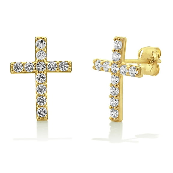 VINALI 14K Solid Yellow Gold Cz Womens Tiny Cross Stud Earrings - 0.47in
