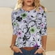 thumbnail image 2 of Tops de Manga Larga de Mujer 3/4 Manga Flores Impresas Cuello Redondo Blusa Casual Estiramiento Suave, 2 of 5
