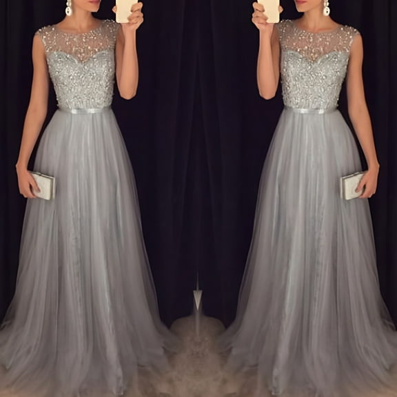 IDALL Wedding Guest Dresses,Prom Dresses Women Elegant Formal Party Mesh Sleeveless High Waist Sequins Shinning Wedding Prom Gown Long Dress Maxi Dresses,Formal Dresses,Graduation Dress Gray Dress L